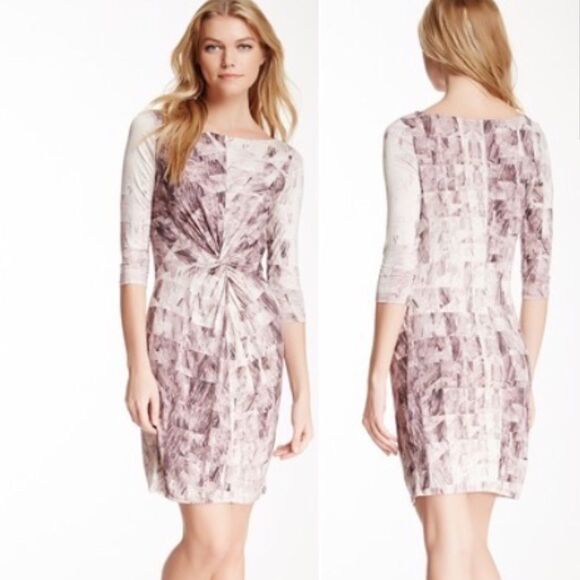 3/4 Sleeve Twist Front Printed Pink Dress - Picture 1 of 8
